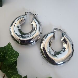 Silver Hollow Wide Hoop Earrings New